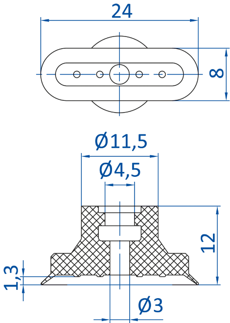 Размер овальной вакуумной присоски FIPA серии SO-FU 132.24x8.016